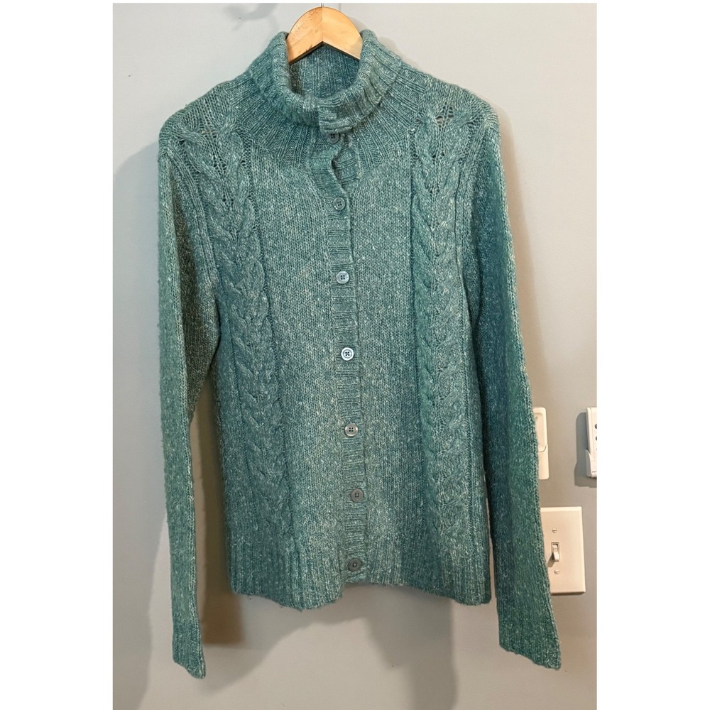 L.L. Bean Cardigan Women M Teal Blue Cable Knit Wool Blend Mock Neck 0BHJ2